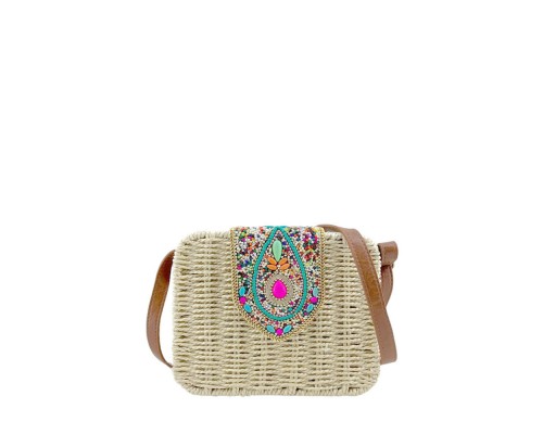 Bolso Bandolera Cuadrado Rafia Abalorios